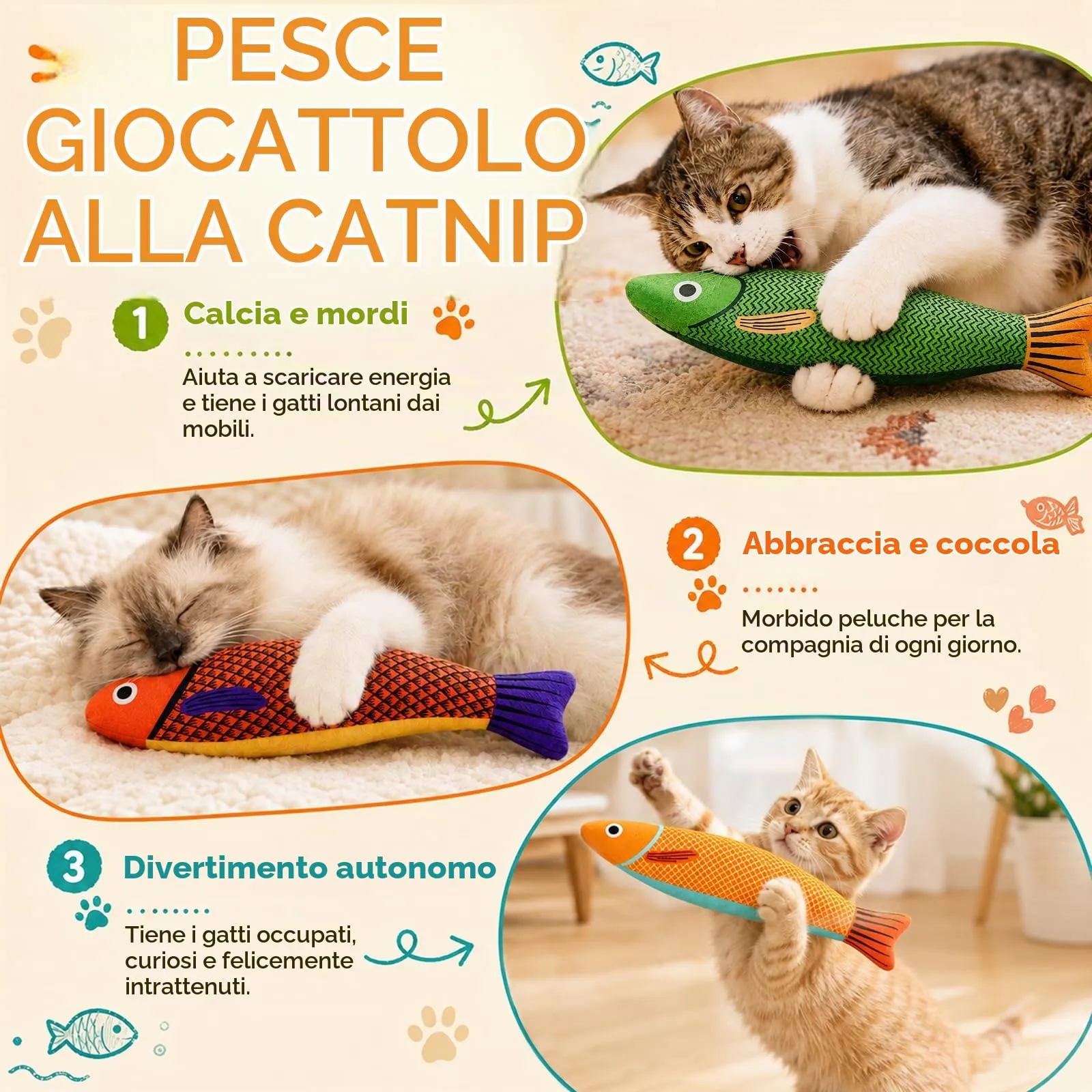 3 Pezzi Giocattolo per Gatti, Pesce Sanma Giocattolo con Erba Gatta - immagine 5
