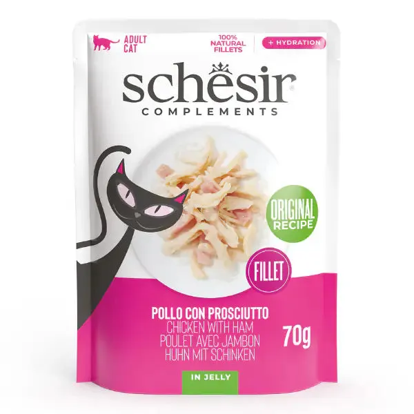 Schesir Cat Soft Adult filetti in gelatina alimento complementare bustine 70 gr Filetti di pollo con prosciutto - confezione da 12 pezzi - Cibo umido per gatti - immagine 1