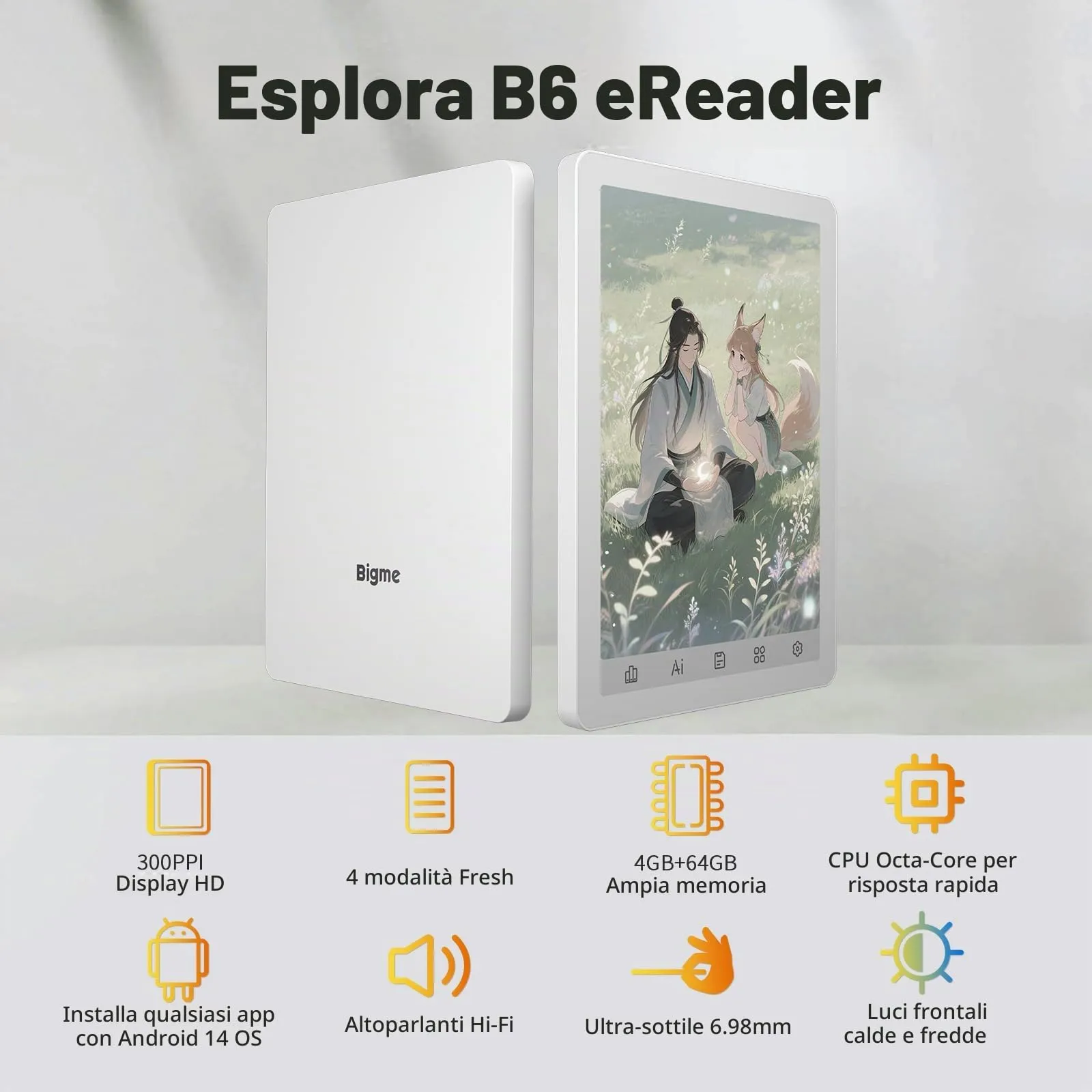 Bigme B6 Tablet E-Paper a colori da 6 pollici Android 14 Reader con 4 GB + 64 GB di memoria (bianco) - immagine 8