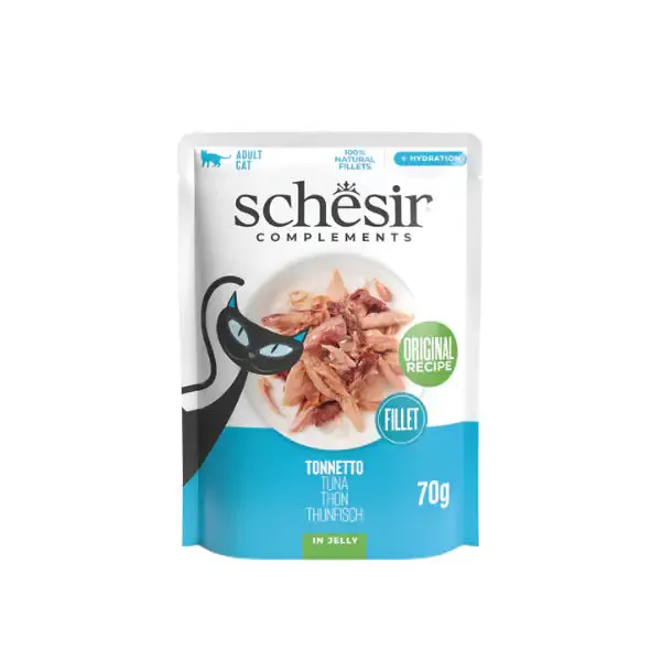 Schesir Cat Soft Adult filetti in gelatina alimento complementare bustine 70 gr Tonnetto - confezione da 12 pezzi - Cibo umido per gatti - immagine 1