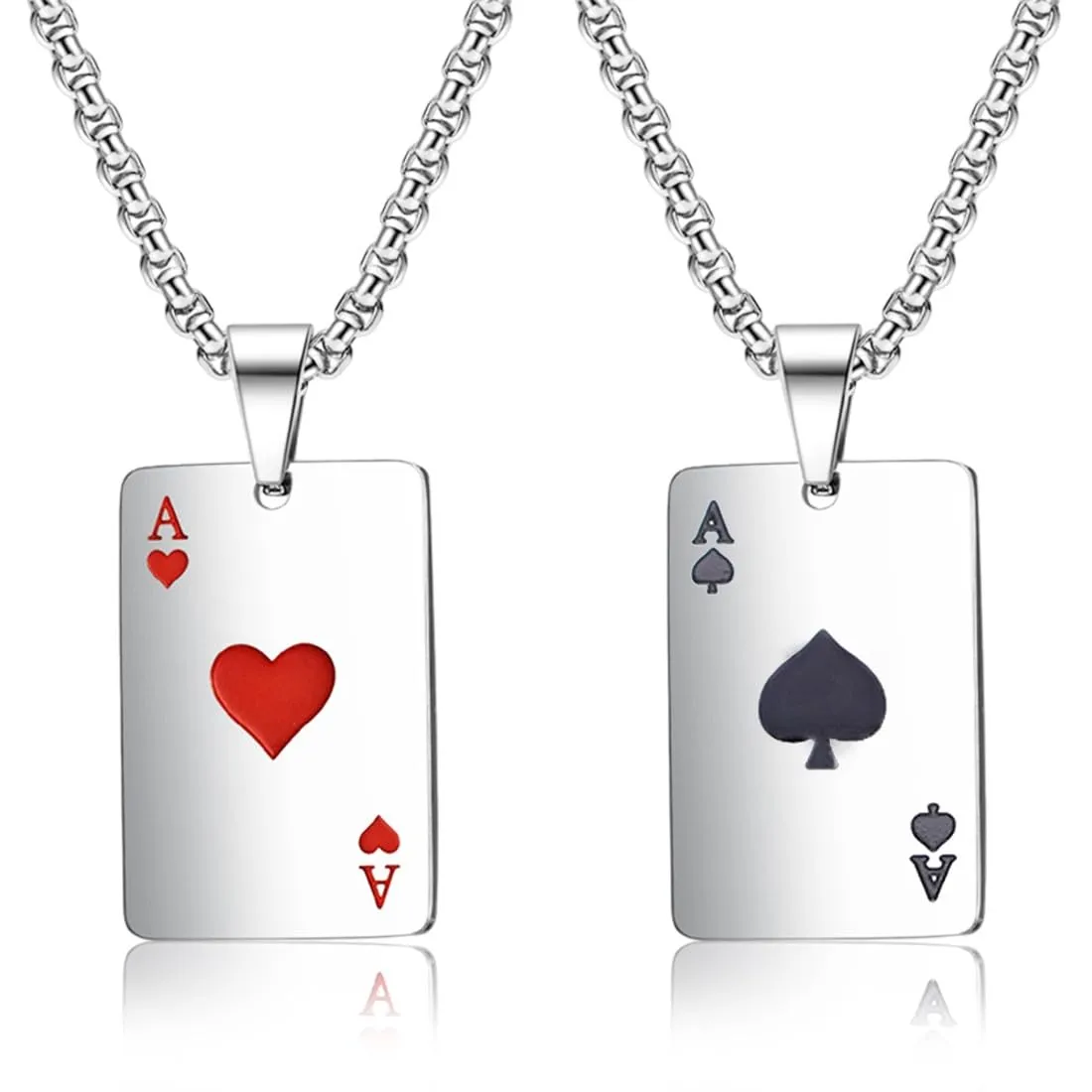 ZUWIJEQ Collana Uomo Acciaio Inossidabile - 2 PCS Collana di Poker,collane Uomo,Collana in Acciaio Inossidabile Argento Accessori da Uomo per Coppie e Uomini, 60cm (Asso di Picche+Asso di Cuori) - immagine 1