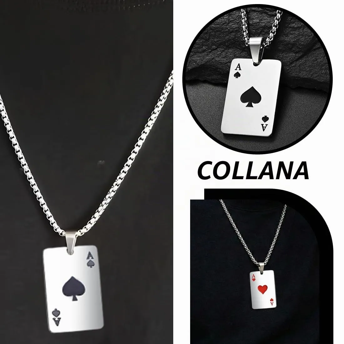 ZUWIJEQ Collana Uomo Acciaio Inossidabile - 2 PCS Collana di Poker,collane Uomo,Collana in Acciaio Inossidabile Argento Accessori da Uomo per Coppie e Uomini, 60cm (Asso di Picche+Asso di Cuori) - immagine 2