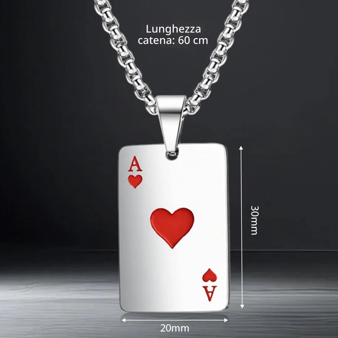 ZUWIJEQ Collana Uomo Acciaio Inossidabile - 2 PCS Collana di Poker,collane Uomo,Collana in Acciaio Inossidabile Argento Accessori da Uomo per Coppie e Uomini, 60cm (Asso di Picche+Asso di Cuori) - immagine 3