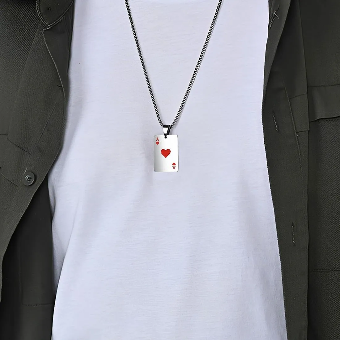 ZUWIJEQ Collana Uomo Acciaio Inossidabile - 2 PCS Collana di Poker,collane Uomo,Collana in Acciaio Inossidabile Argento Accessori da Uomo per Coppie e Uomini, 60cm (Asso di Picche+Asso di Cuori) - immagine 4