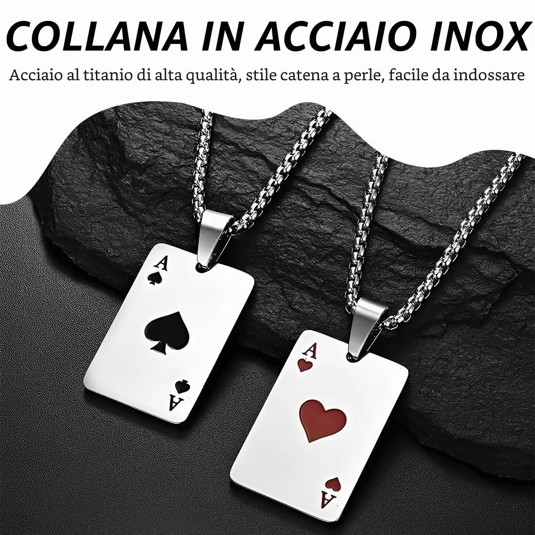 ZUWIJEQ Collana Uomo Acciaio Inossidabile - 2 PCS Collana di Poker,collane Uomo,Collana in Acciaio Inossidabile Argento Accessori da Uomo per Coppie e Uomini, 60cm (Asso di Picche+Asso di Cuori) - immagine 6
