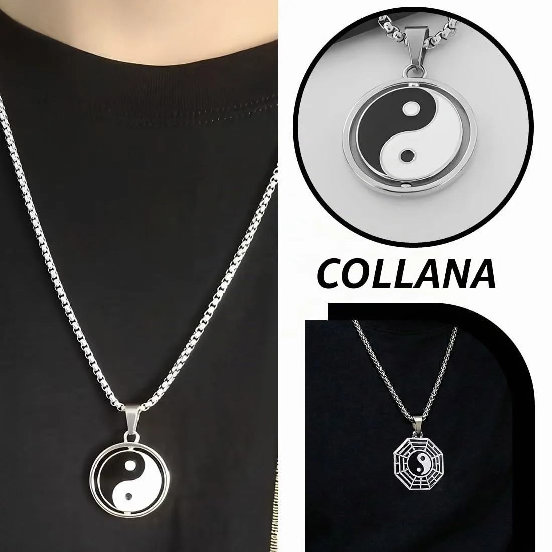 ZUWIJEQ 2 Pcs Ciondolo Uomo, Collana Da Uomo In Acciaio Inossidabile, Collana Coppia, Collana Amicizia Per 2, Ciondolo Tai Chi Collana Per Uomo Donna Catena Yin Yang Di Catena, Ciondolo Hip-Hop - immagine 2