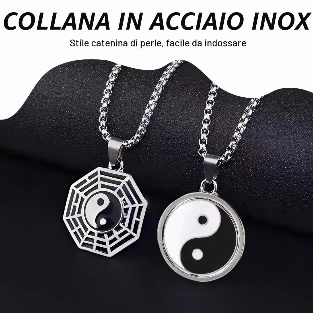 ZUWIJEQ 2 Pcs Ciondolo Uomo, Collana Da Uomo In Acciaio Inossidabile, Collana Coppia, Collana Amicizia Per 2, Ciondolo Tai Chi Collana Per Uomo Donna Catena Yin Yang Di Catena, Ciondolo Hip-Hop - immagine 6