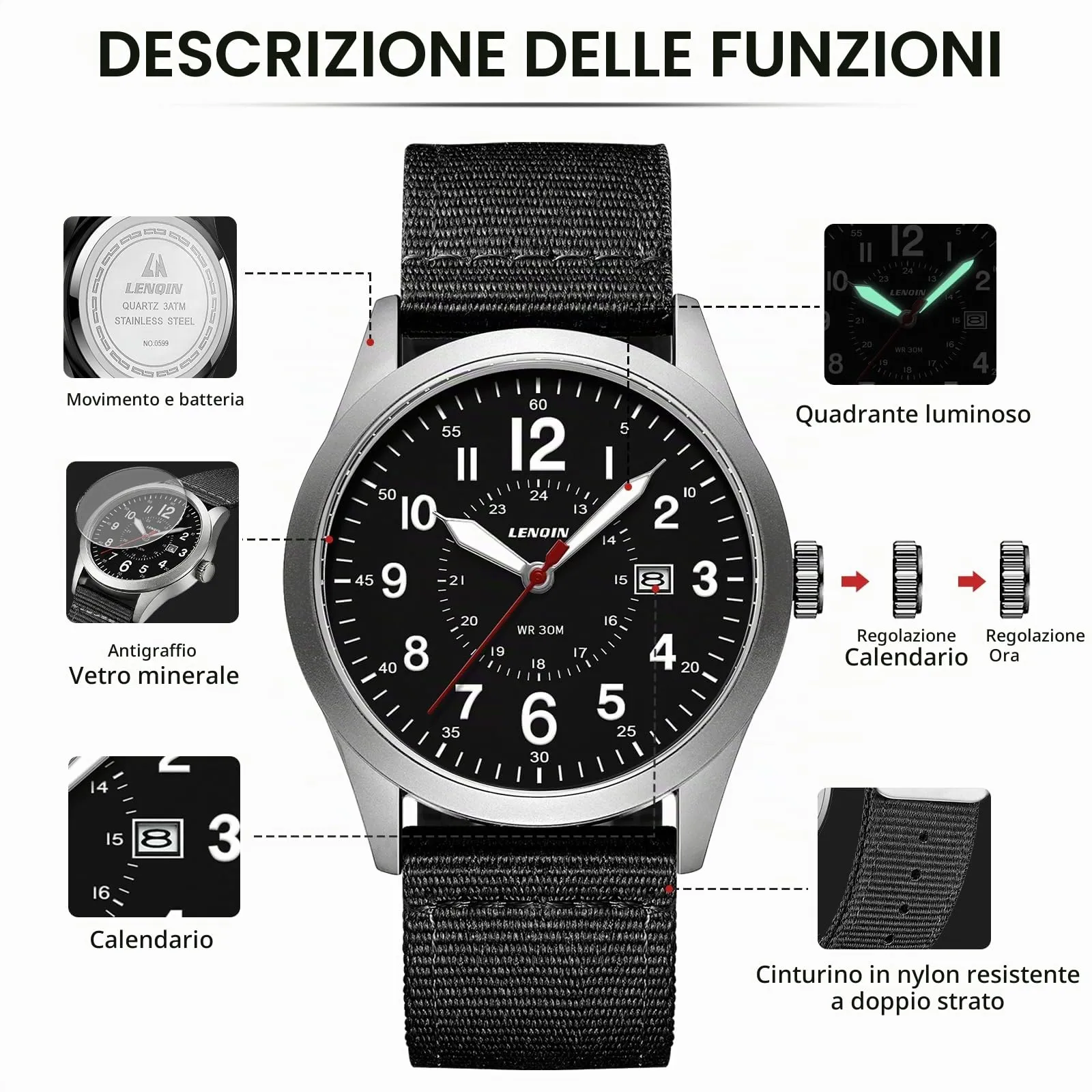LN LENQIN Orologio Uomo Militare Analogico Quarzo Impermeabile - immagine 8
