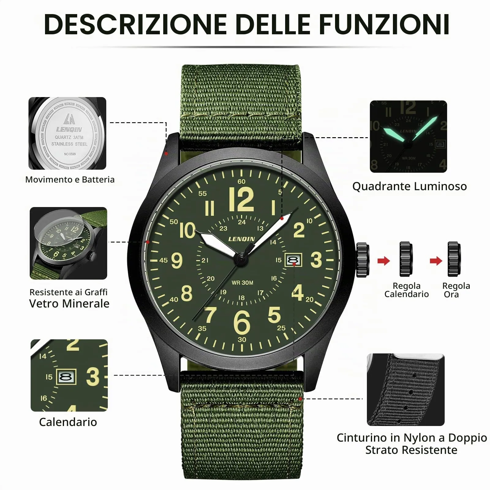 LN LENQIN Orologio Uomo Militare Analogico Quarzo Impermeabile - immagine 7