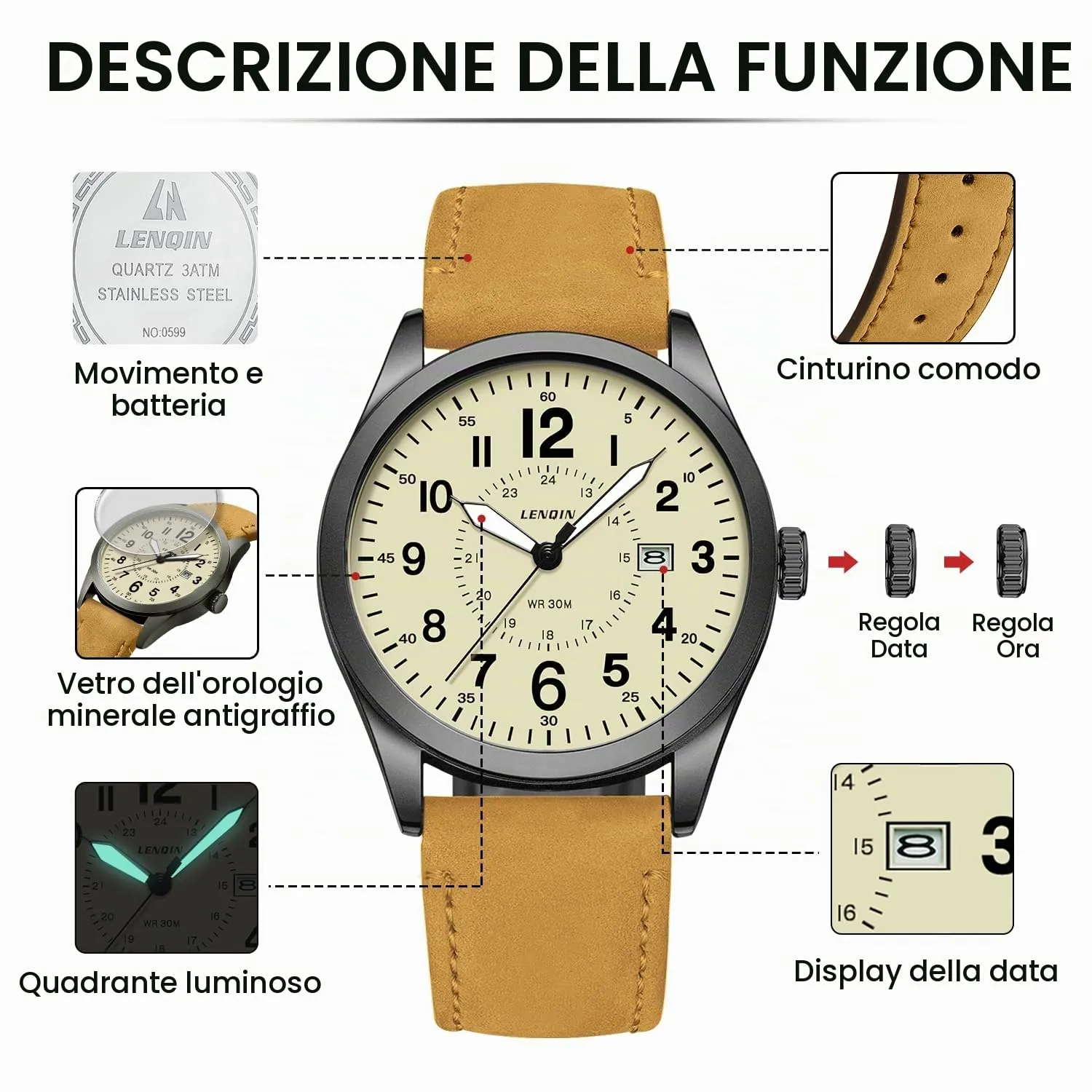 LN LENQIN Orologio Uomo Militare Analogico Quarzo Impermeabile - immagine 6