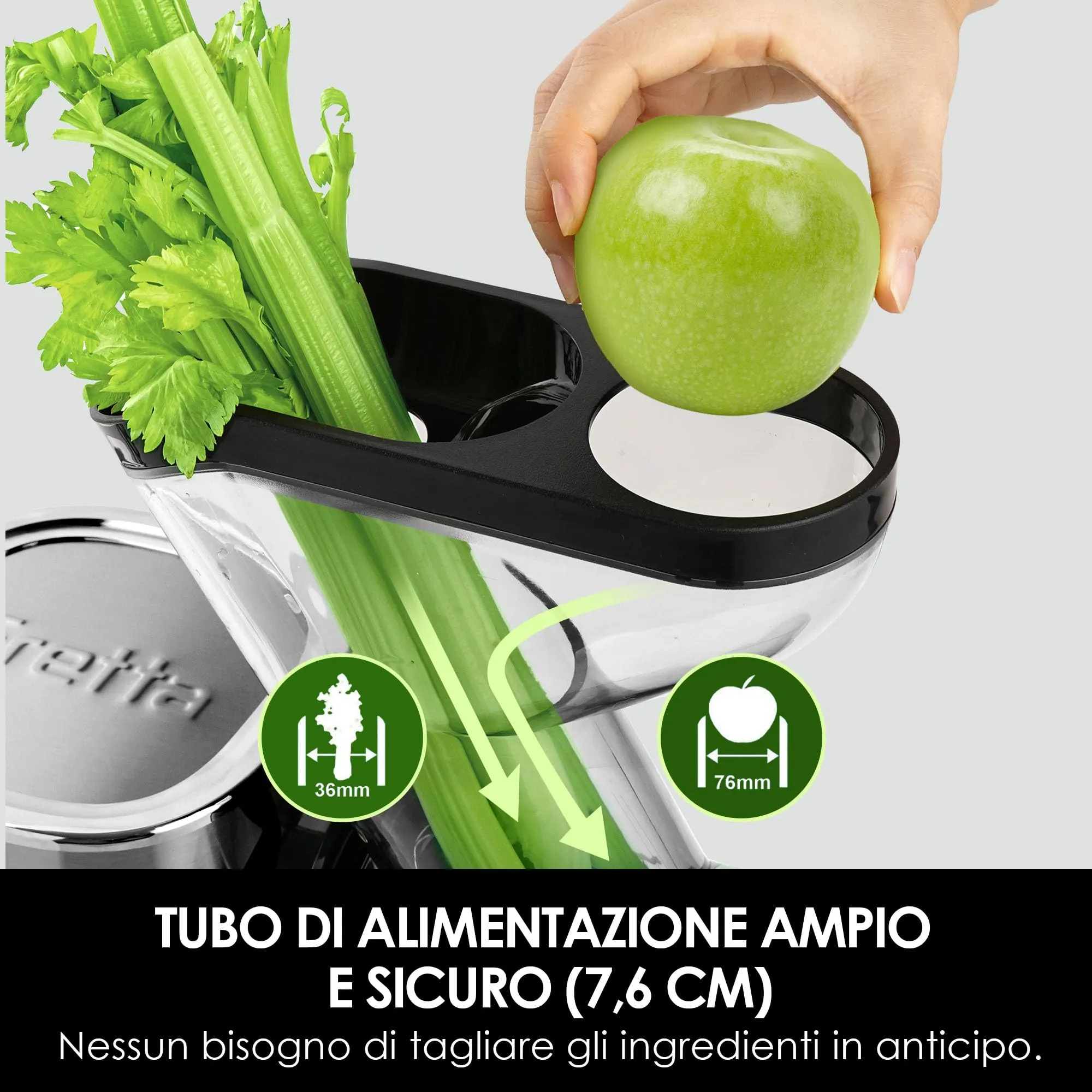 Fretta Estrattore Frutta e Verdura, con Motore DC Silenzioso, Estrattore di Succo a Freddo Senza BPA, in Acciaio Inossidabile, Facile da pulire (Argento) - immagine 2