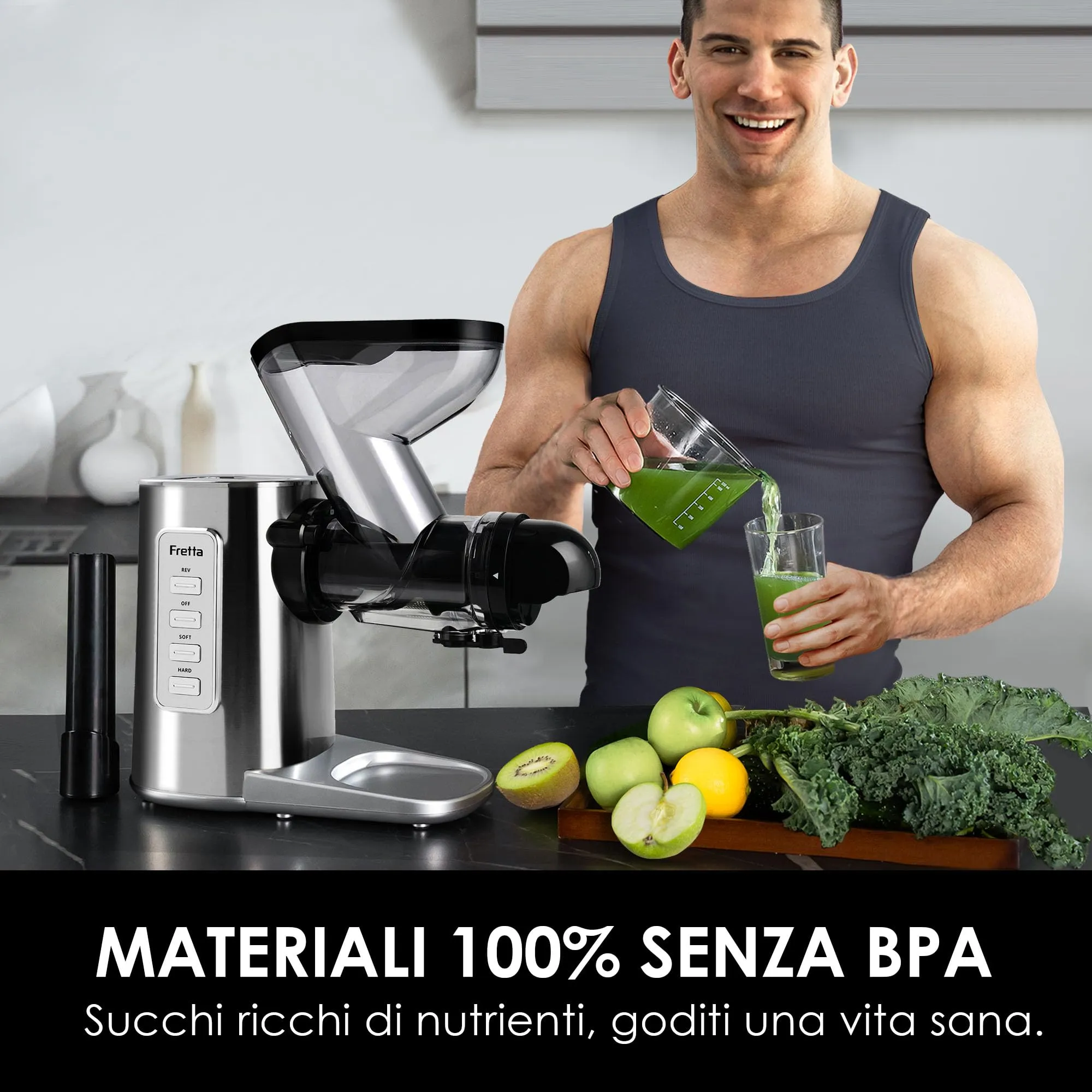 Fretta Estrattore Frutta e Verdura, con Motore DC Silenzioso, Estrattore di Succo a Freddo Senza BPA, in Acciaio Inossidabile, Facile da pulire (Argento) - immagine 3