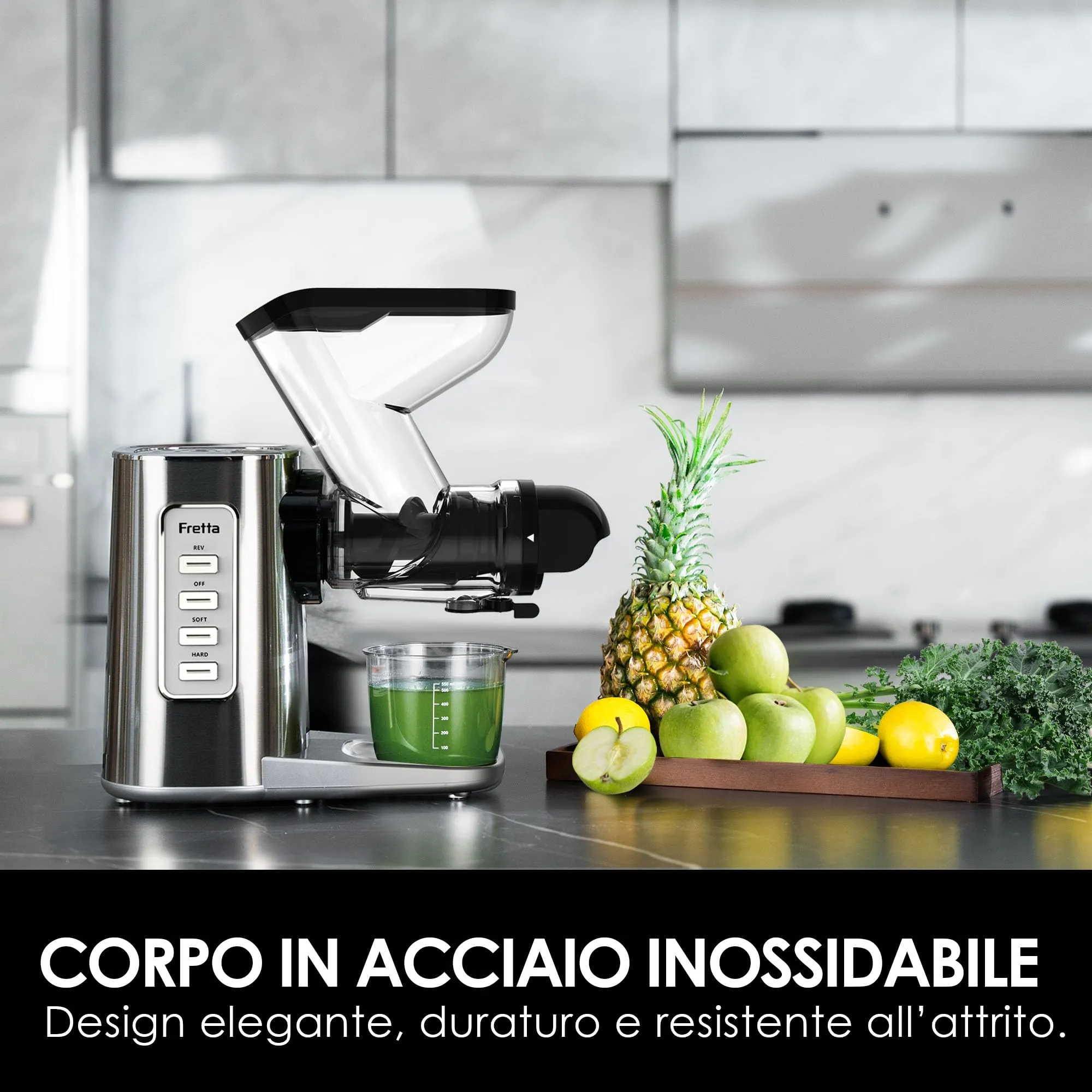 Fretta Estrattore Frutta e Verdura, con Motore DC Silenzioso, Estrattore di Succo a Freddo Senza BPA, in Acciaio Inossidabile, Facile da pulire (Argento) - immagine 4
