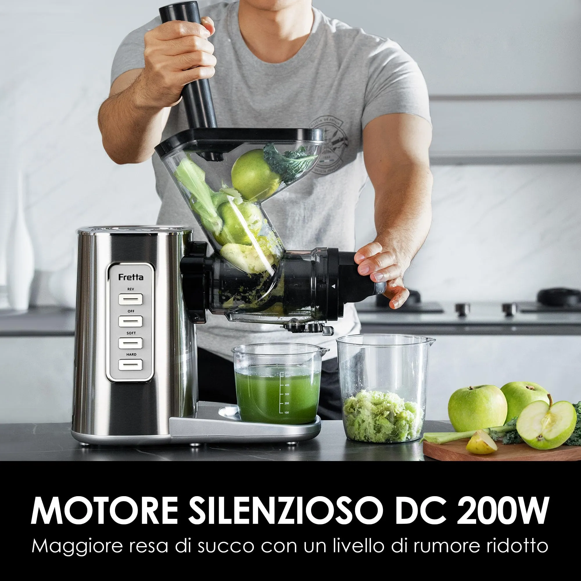 Fretta Estrattore Frutta e Verdura, con Motore DC Silenzioso, Estrattore di Succo a Freddo Senza BPA, in Acciaio Inossidabile, Facile da pulire (Argento) - immagine 8