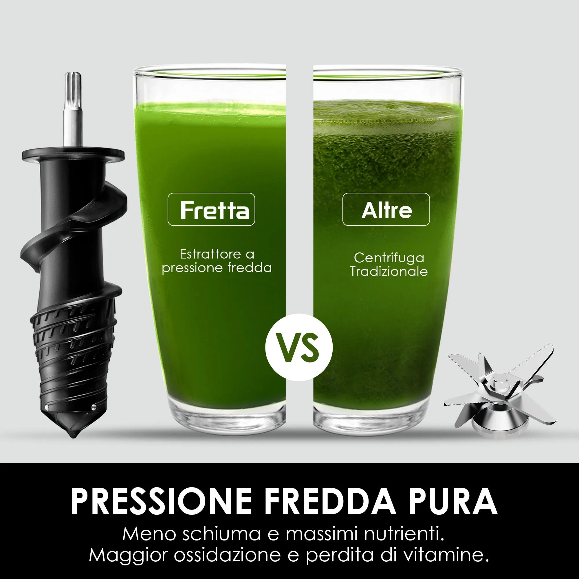 Fretta Estrattore Frutta e Verdura, con Motore DC Silenzioso, Estrattore di Succo a Freddo Senza BPA, in Acciaio Inossidabile, Facile da pulire (Argento) - immagine 9