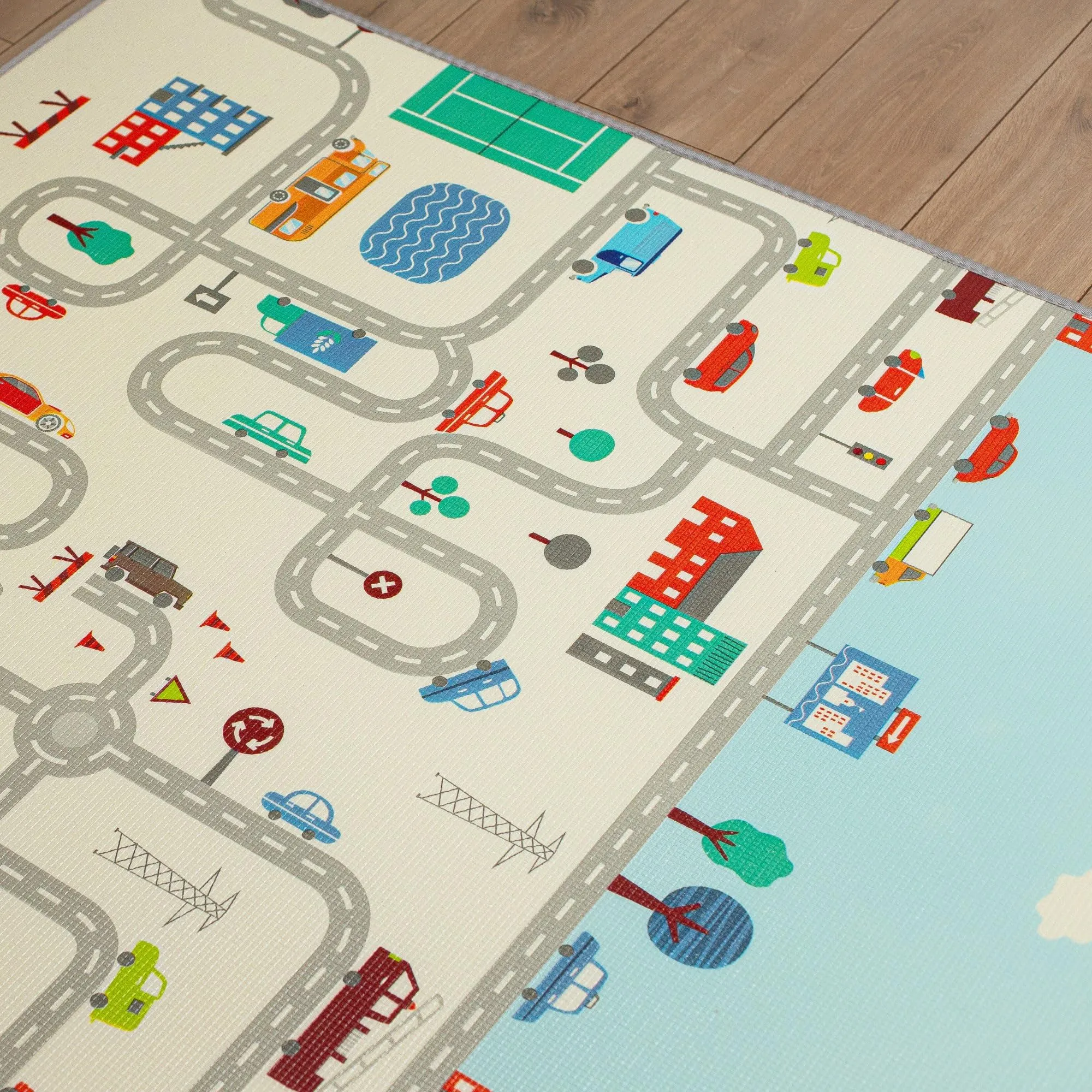 Mamabrum Tappetino da gattonamento pieghevole per bambini - Tappetino da gioco con motivo a zigzag e città, 150 x 180 x 2,0 cm, design su entrambi i lati, superficie antiscivolo in schiuma XPE - immagine 3