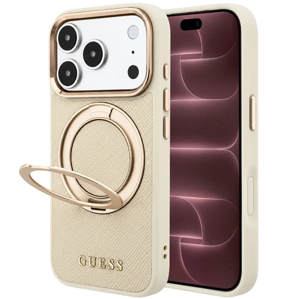 Custodia MagSafe per Apple iPhone 18 Pro Max / 17 Pro Max, Guess, Grained Ring Stand 360 Classic, Beige - immagine 1