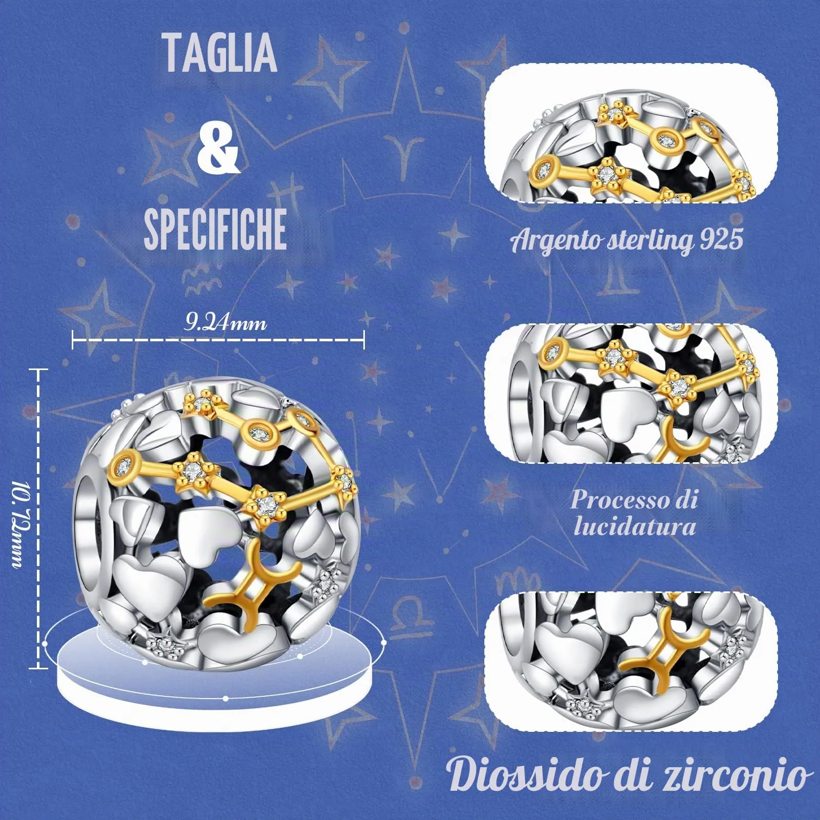 Annmors Constellation Birthstone Ciondolo Argento Sterling 925 Charm Bead Gemelli Zirconia Cubica,Compatibile Bracciale Collane Europei, della mamma,donne,amici,compleanno compleanno,regalo Natale - immagine 4