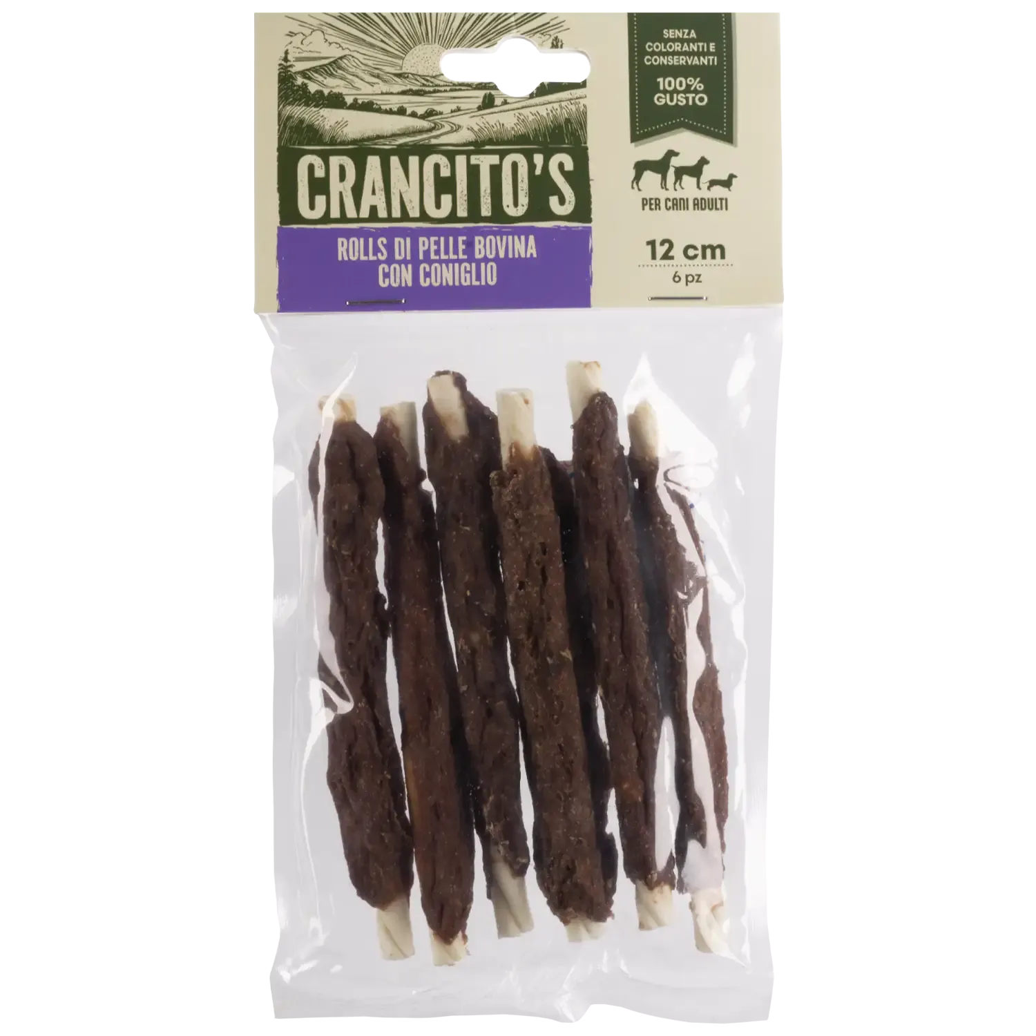 Crancito's snack naturale Dog Adult Rolls di pelle bovina Bovino e coniglio - 6 pezzi (scadenza: 30/03/2027) - immagine 1