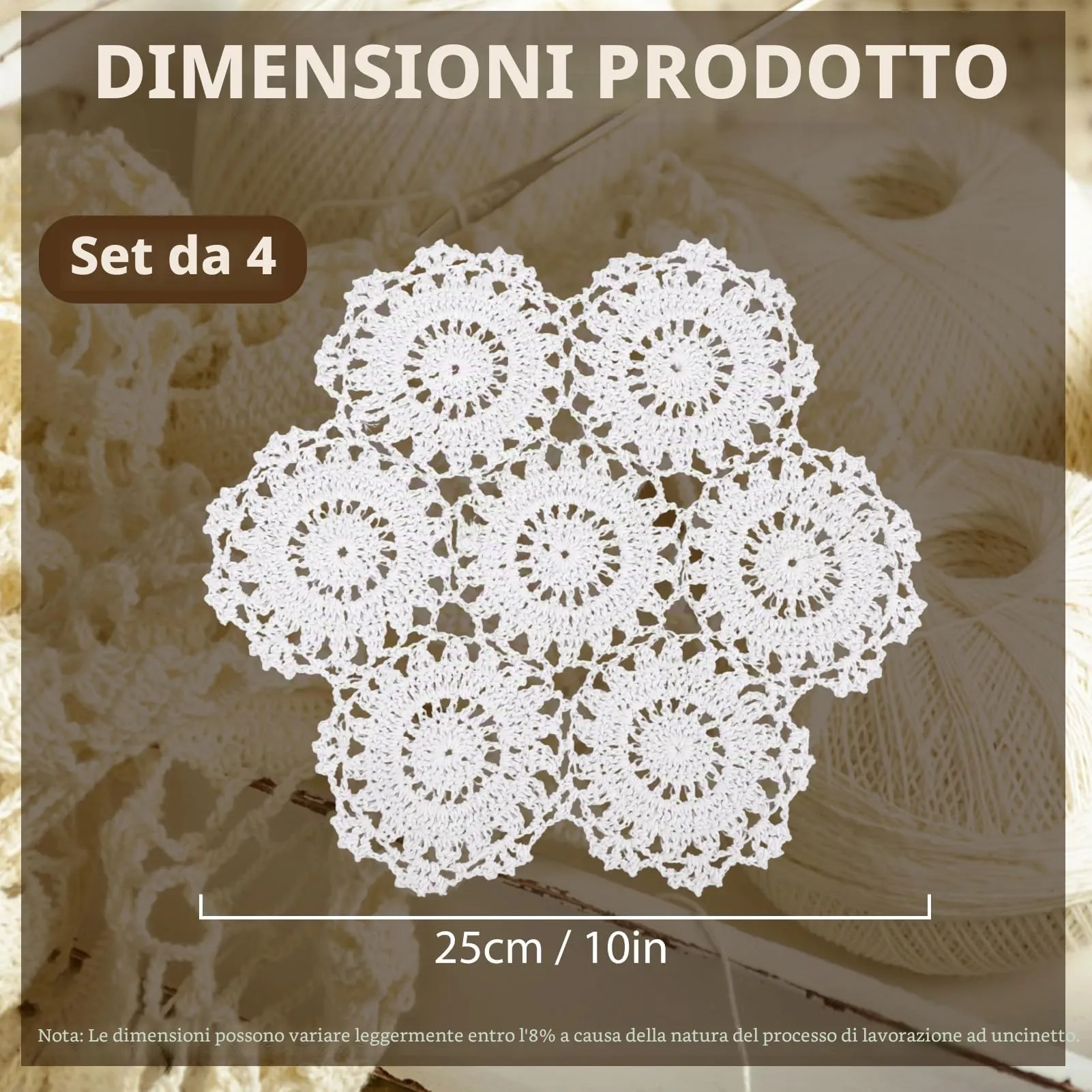 kilofly Confezione da 4 centrini in pizzo di cotone all'uncinetto, motivo floreale, 25,4 cm, colore: bianco - immagine 2
