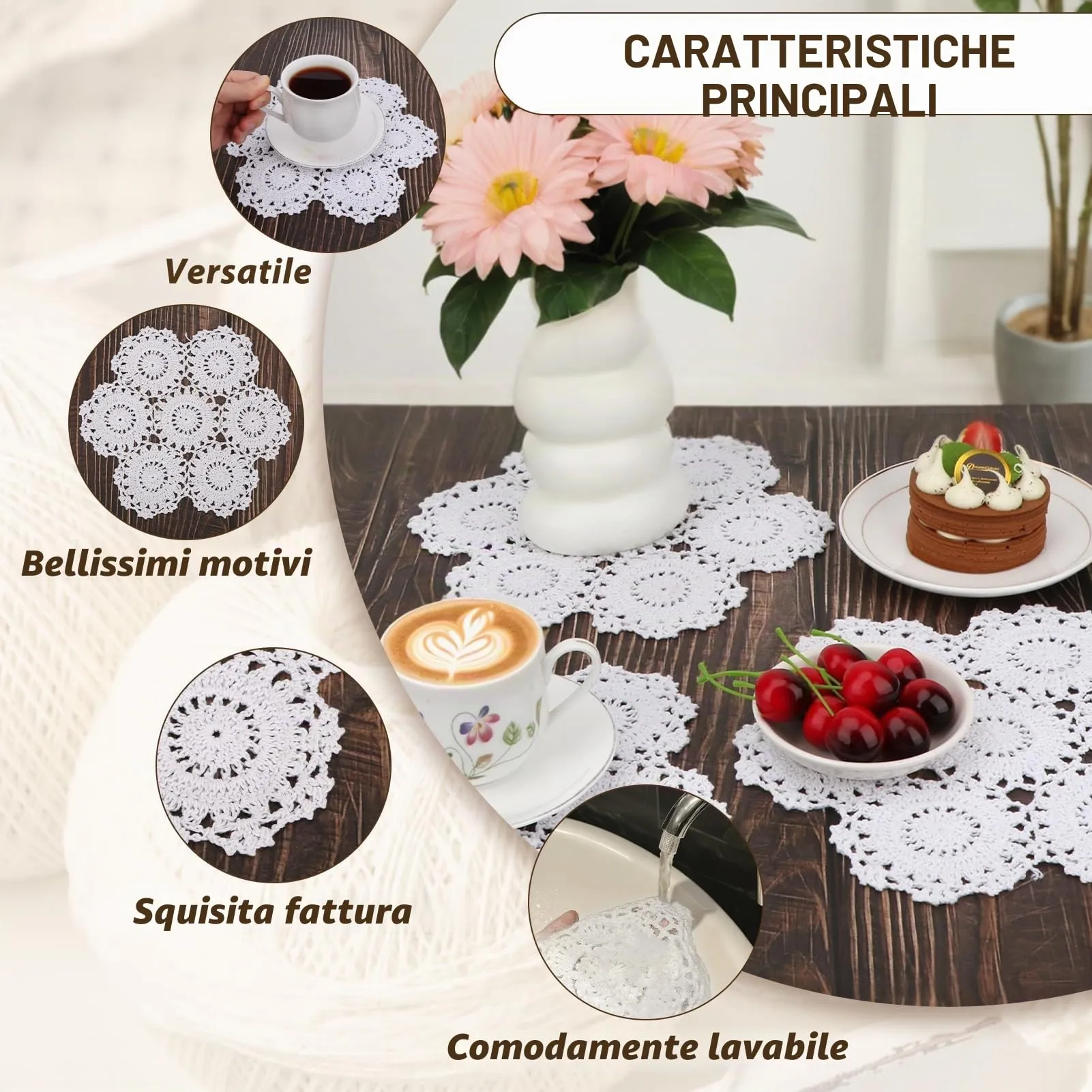 kilofly Confezione da 4 centrini in pizzo di cotone all'uncinetto, motivo floreale, 25,4 cm, colore: bianco - immagine 3