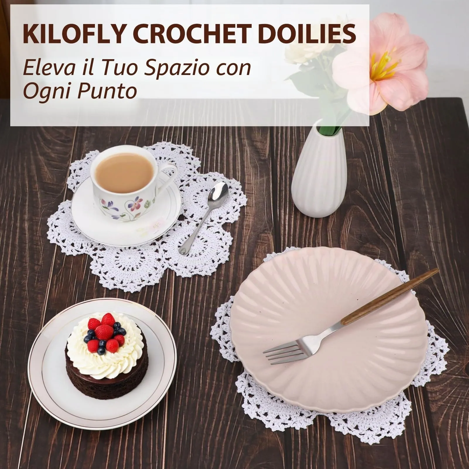 kilofly Confezione da 4 centrini in pizzo di cotone all'uncinetto, motivo floreale, 25,4 cm, colore: bianco - immagine 4