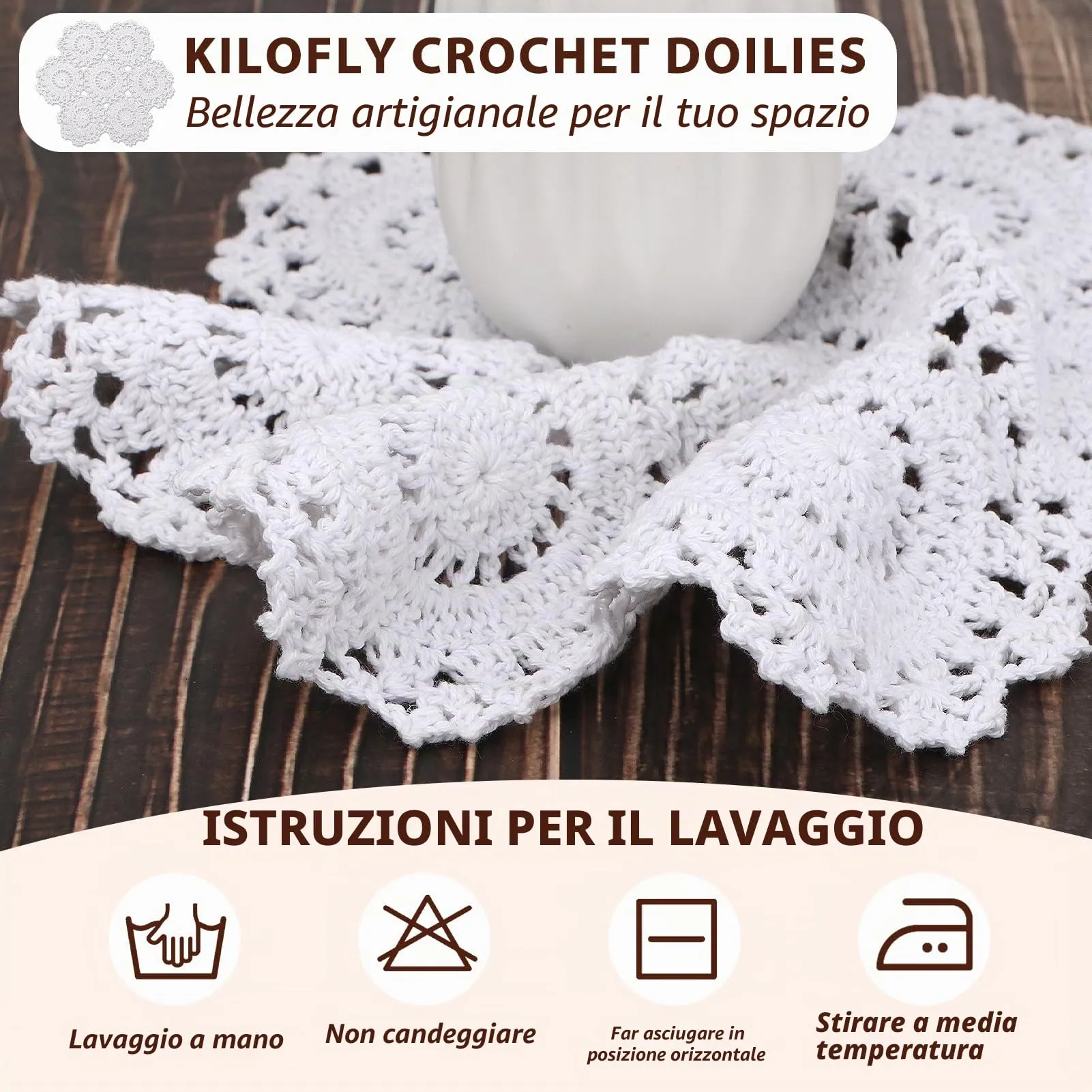 kilofly Confezione da 4 centrini in pizzo di cotone all'uncinetto, motivo floreale, 25,4 cm, colore: bianco - immagine 6