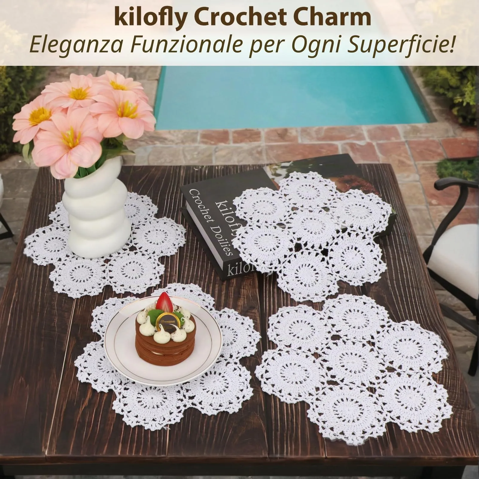 kilofly Confezione da 4 centrini in pizzo di cotone all'uncinetto, motivo floreale, 25,4 cm, colore: bianco - immagine 7