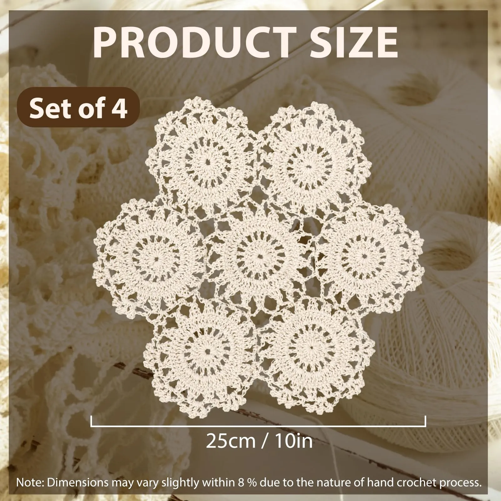 Kilofly - Set di tovagliette all'uncinetto, in cotone, 4 pezzi, colore: Beige, con fiori, 25,4 cm - immagine 2