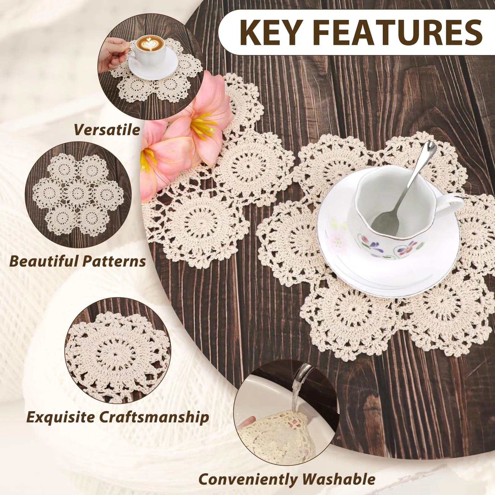Kilofly - Set di tovagliette all'uncinetto, in cotone, 4 pezzi, colore: Beige, con fiori, 25,4 cm - immagine 3