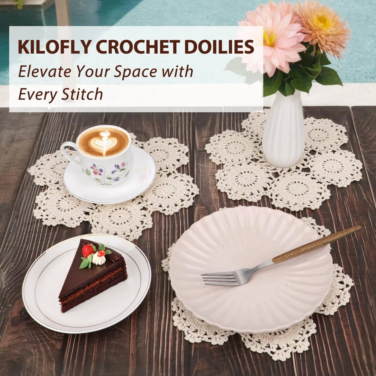 Kilofly - Set di tovagliette all'uncinetto, in cotone, 4 pezzi, colore: Beige, con fiori, 25,4 cm - immagine 4
