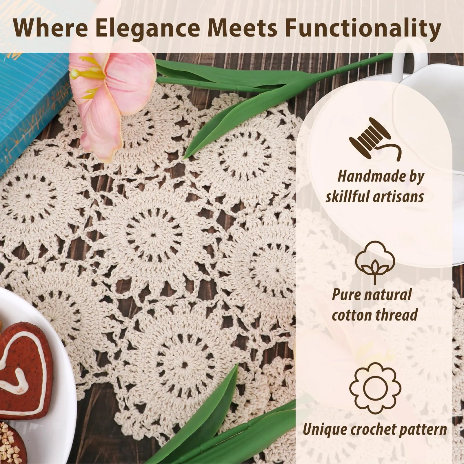 Kilofly - Set di tovagliette all'uncinetto, in cotone, 4 pezzi, colore: Beige, con fiori, 25,4 cm - immagine 5
