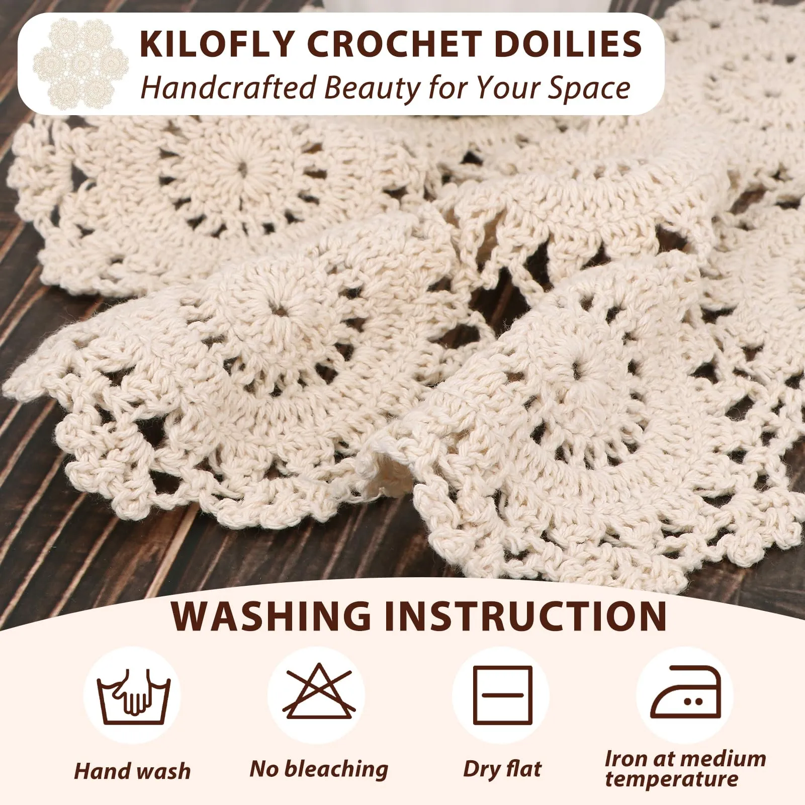 Kilofly - Set di tovagliette all'uncinetto, in cotone, 4 pezzi, colore: Beige, con fiori, 25,4 cm - immagine 6
