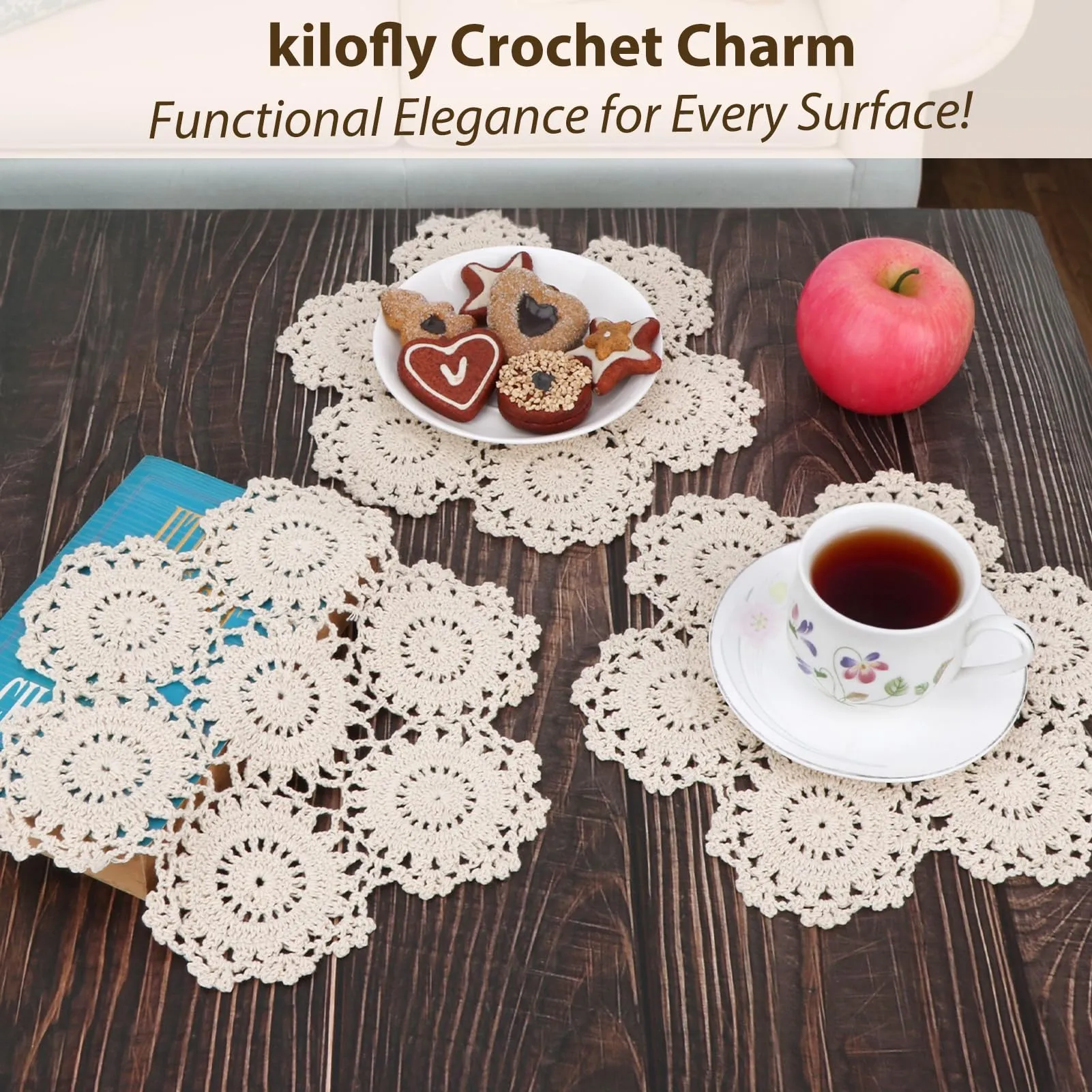 Kilofly - Set di tovagliette all'uncinetto, in cotone, 4 pezzi, colore: Beige, con fiori, 25,4 cm - immagine 7