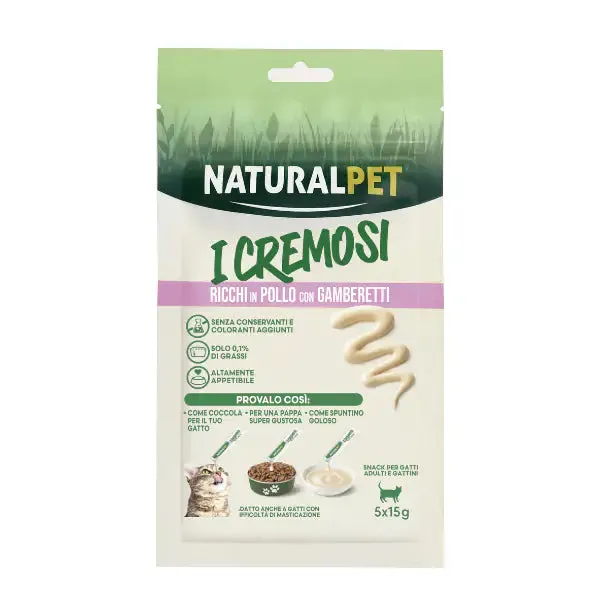 NaturalPet i Cremosi snack per gatti adulti e gattini 75 gr (5x15 gr) Pollo e gamberetti - immagine 1