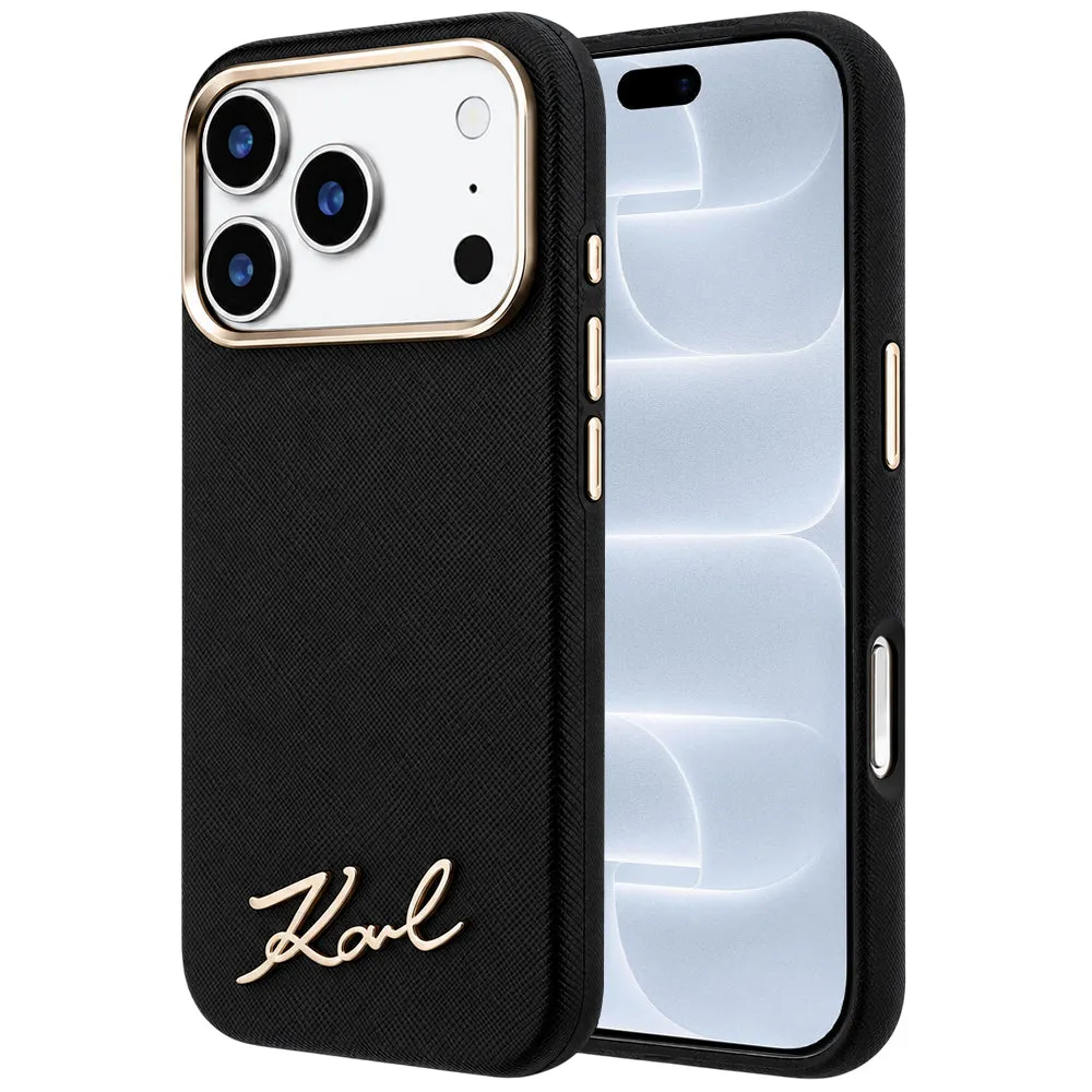 Custodia MagSafe per Apple iPhone 18 Pro / 17 Pro, Karl Lagerfeld, Saffiano Small Script Metal Logo, Nera - immagine 1