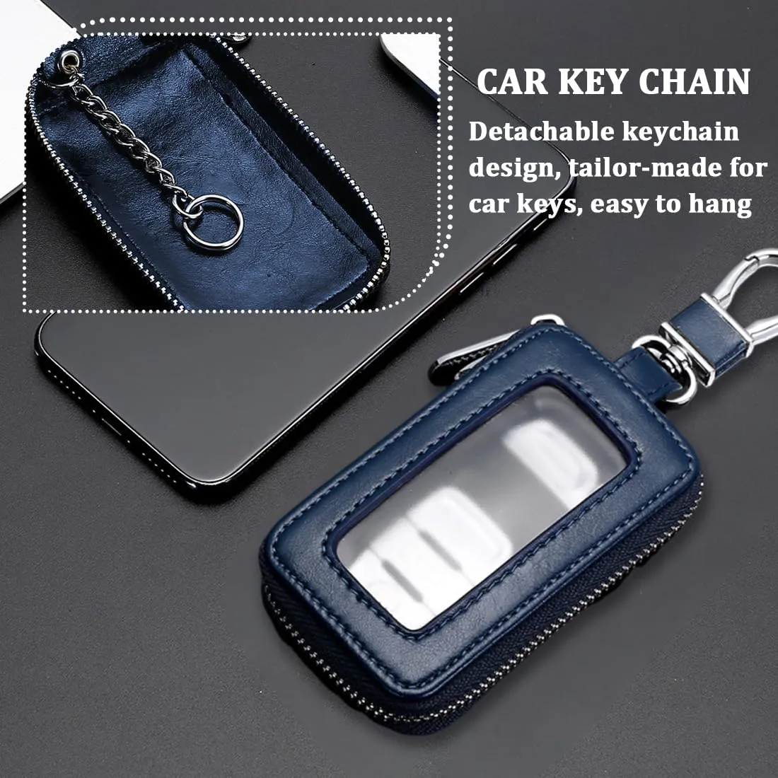Custodia in Pelle per Chiave dell'auto, Portachiavi in Pelle, con Gancio in Metallo e Cerniera, con Finestra Trasparente, Blu - immagine 5