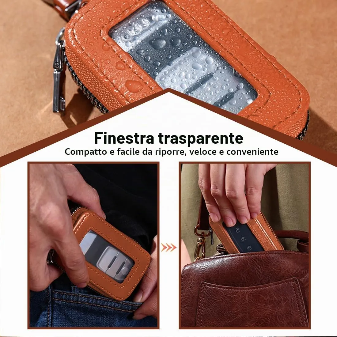 Custodia in Pelle per Chiave dell'auto, Portachiavi in Pelle, con Gancio in Metallo e Cerniera, con Finestra Trasparente, Giallo - immagine 4