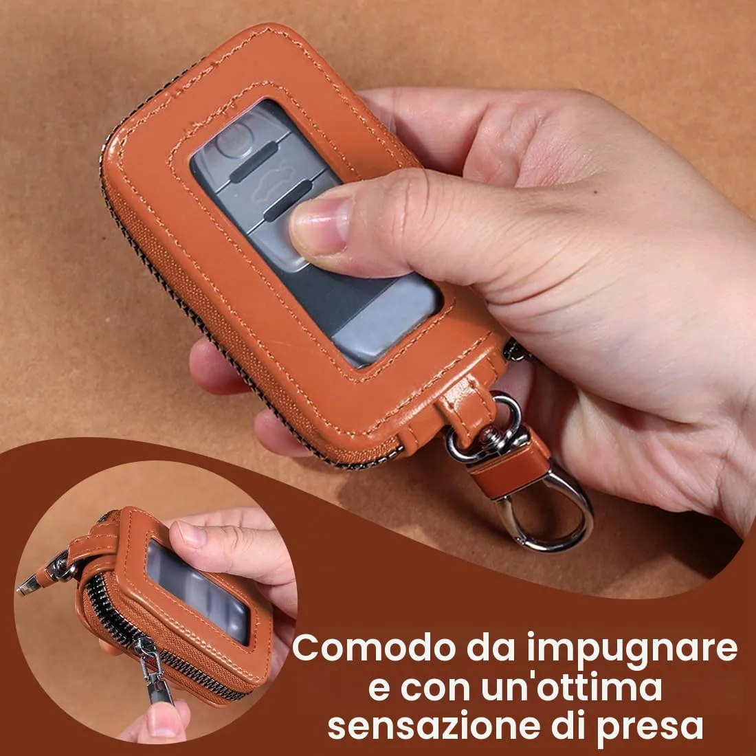 Custodia in Pelle per Chiave dell'auto, Portachiavi in Pelle, con Gancio in Metallo e Cerniera, con Finestra Trasparente, Giallo - immagine 5