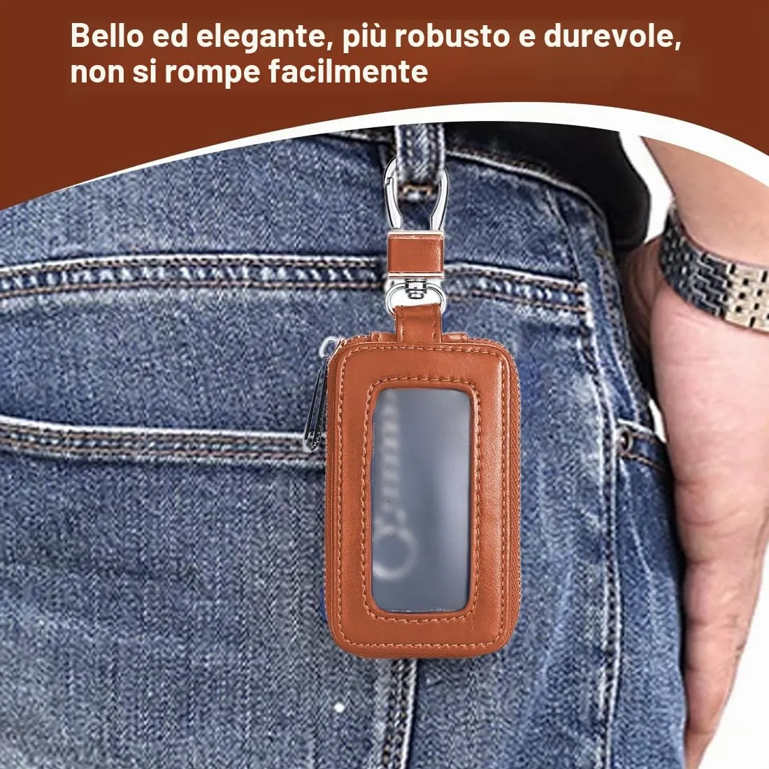 Custodia in Pelle per Chiave dell'auto, Portachiavi in Pelle, con Gancio in Metallo e Cerniera, con Finestra Trasparente, Giallo - immagine 6