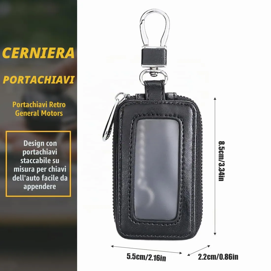 Custodia in Pelle per Chiave dell'auto, Portachiavi in Pelle, con Gancio in Metallo e Cerniera, con Finestra Trasparente, Nero - immagine 2