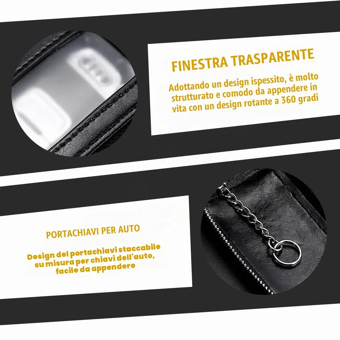 Custodia in Pelle per Chiave dell'auto, Portachiavi in Pelle, con Gancio in Metallo e Cerniera, con Finestra Trasparente, Nero - immagine 3