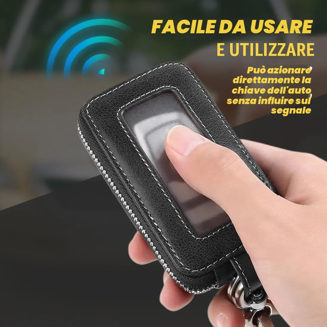 Custodia in Pelle per Chiave dell'auto, Portachiavi in Pelle, con Gancio in Metallo e Cerniera, con Finestra Trasparente, Nero - immagine 4