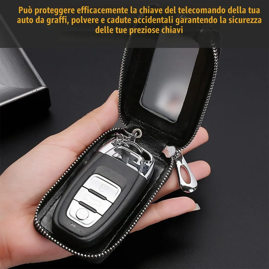 Custodia in Pelle per Chiave dell'auto, Portachiavi in Pelle, con Gancio in Metallo e Cerniera, con Finestra Trasparente, Nero - immagine 5