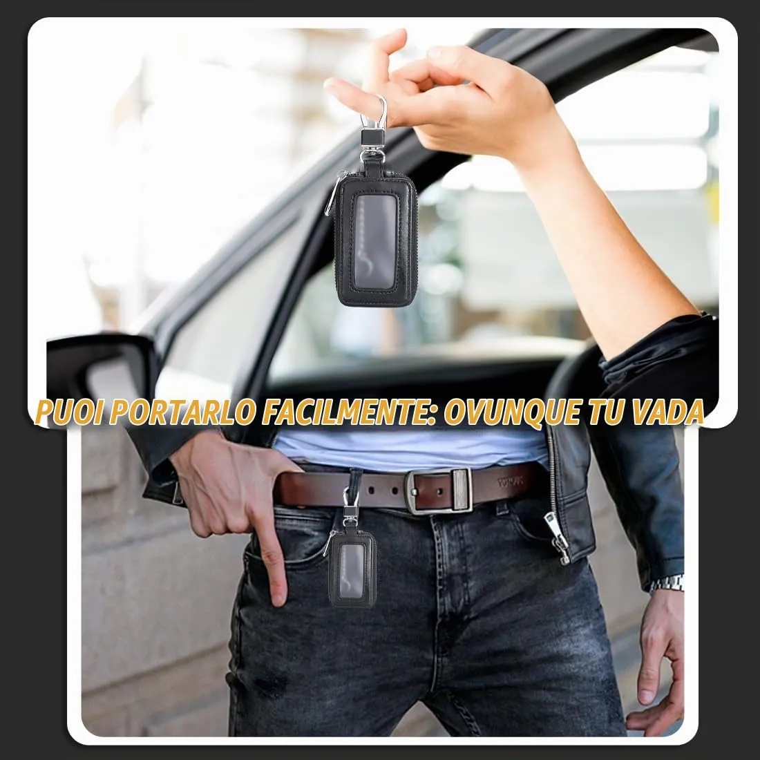 Custodia in Pelle per Chiave dell'auto, Portachiavi in Pelle, con Gancio in Metallo e Cerniera, con Finestra Trasparente, Nero - immagine 6