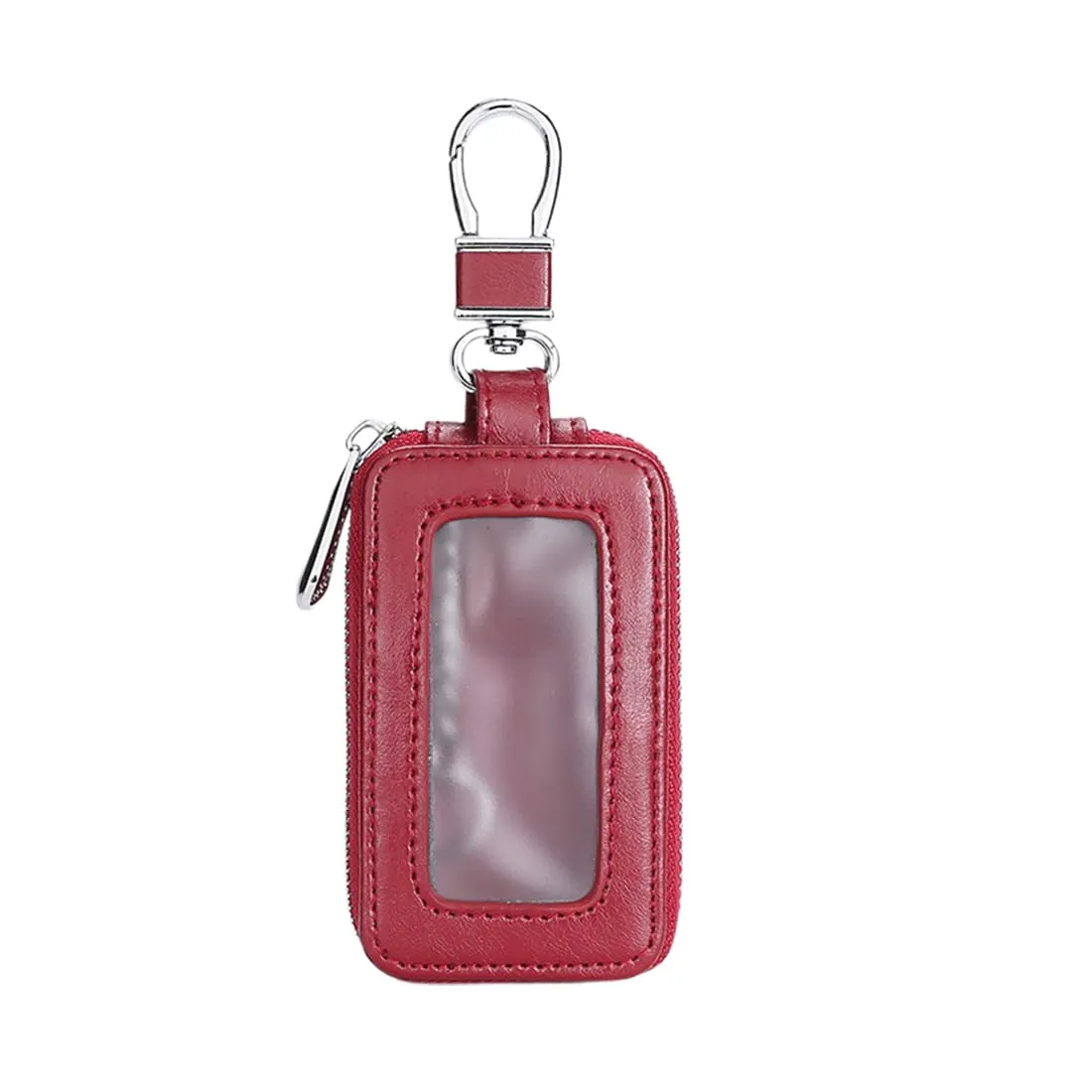 Custodia in Pelle per Chiave dell'auto, Portachiavi in Pelle, con Gancio in Metallo e Cerniera, con Finestra Trasparente, Rosso - immagine 1
