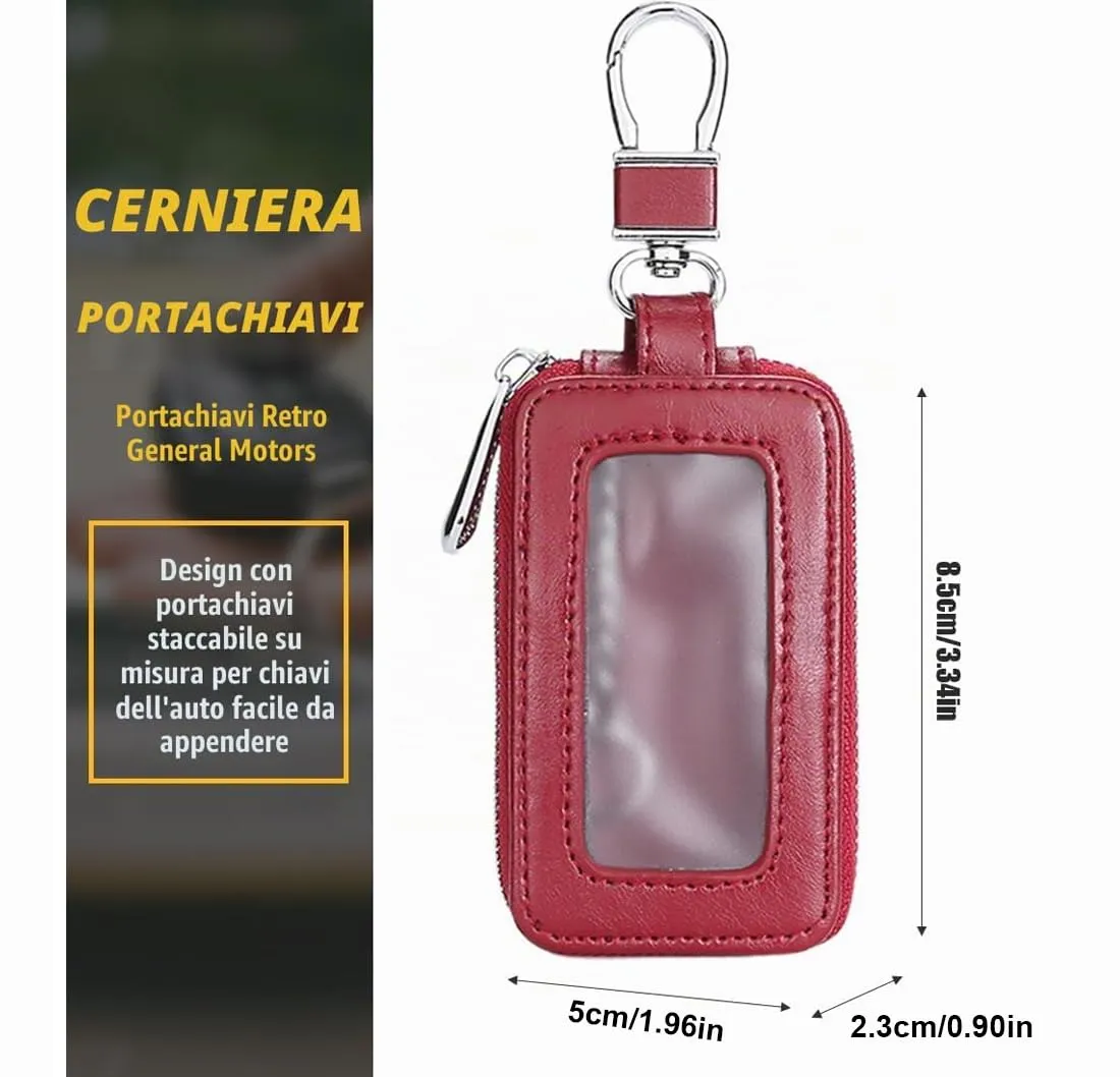 Custodia in Pelle per Chiave dell'auto, Portachiavi in Pelle, con Gancio in Metallo e Cerniera, con Finestra Trasparente, Rosso - immagine 2