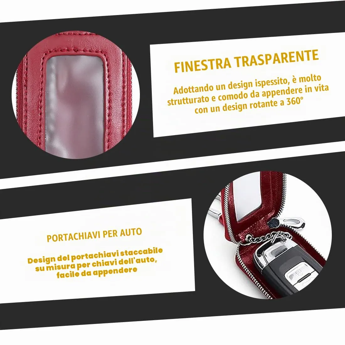 Custodia in Pelle per Chiave dell'auto, Portachiavi in Pelle, con Gancio in Metallo e Cerniera, con Finestra Trasparente, Rosso - immagine 3