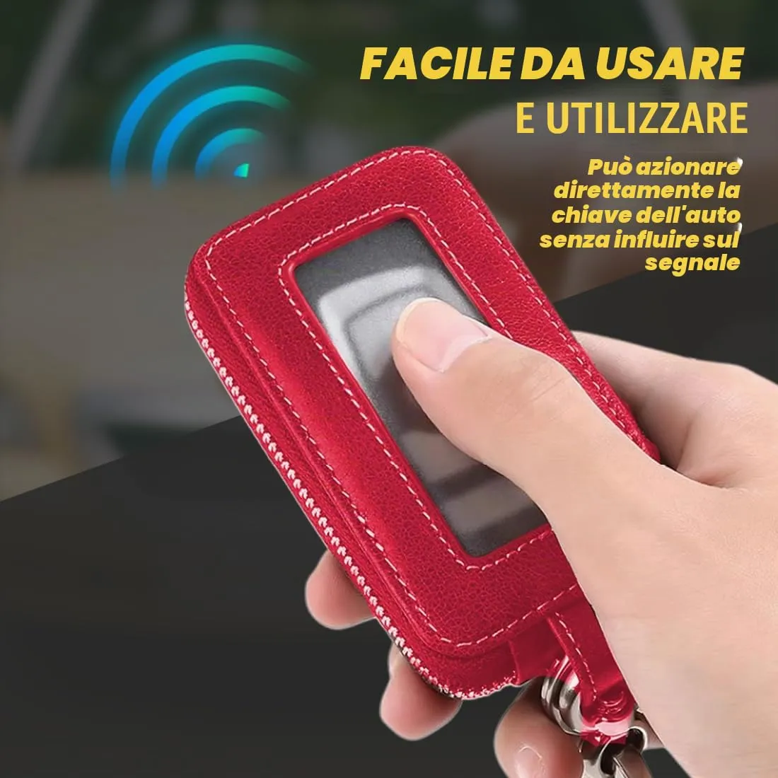 Custodia in Pelle per Chiave dell'auto, Portachiavi in Pelle, con Gancio in Metallo e Cerniera, con Finestra Trasparente, Rosso - immagine 4