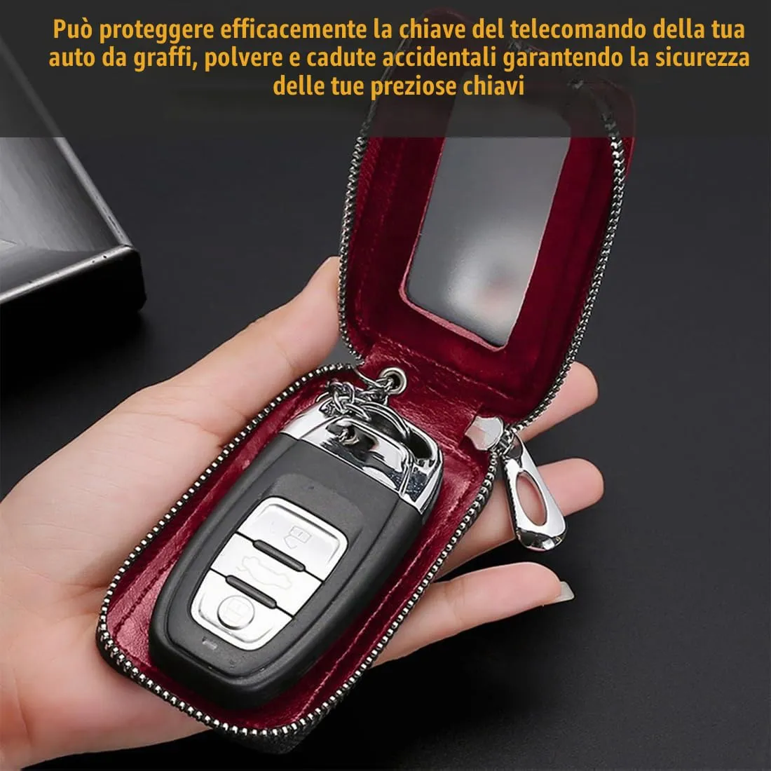 Custodia in Pelle per Chiave dell'auto, Portachiavi in Pelle, con Gancio in Metallo e Cerniera, con Finestra Trasparente, Rosso - immagine 5
